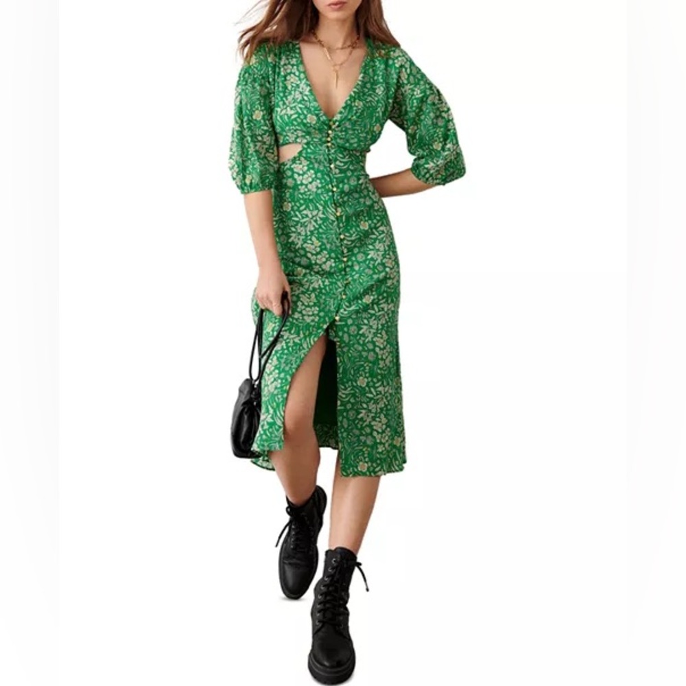 Ba&sh Aria Green Floral Cutout Midi Dress